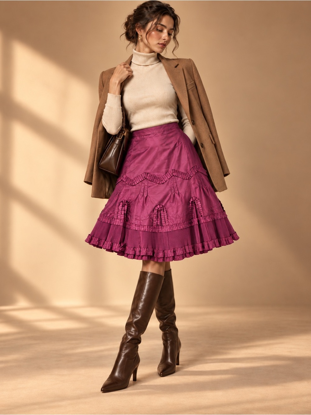 Banana Republic Silk Blend Ruffle Pleated Skirt Magenta Size 6 Coquette Girl